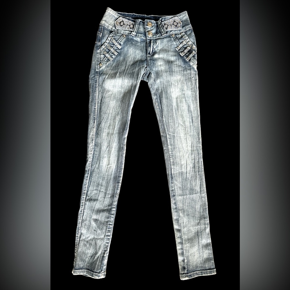 Silver Diva Jeans Womens 5 Blue Juniors Mid Rise Stretch Bejeweled Rhinestone
